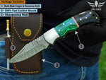 Handmade Damasus Steel Folding Knife Pocket Knife, Malachite and Bull Horn Handle