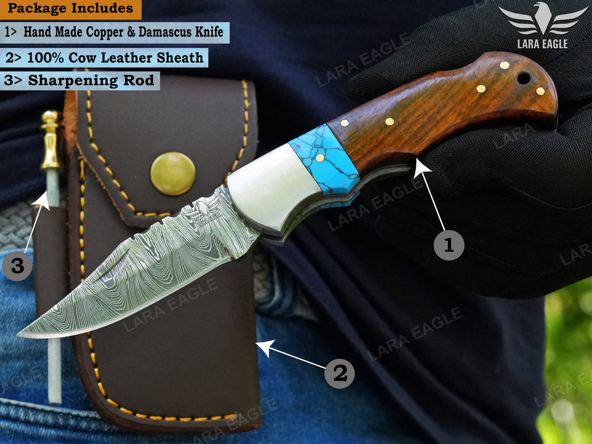 Personalized Handmade Damascus Steel Pocket Knife, Turquoise and Rose Wood Handle