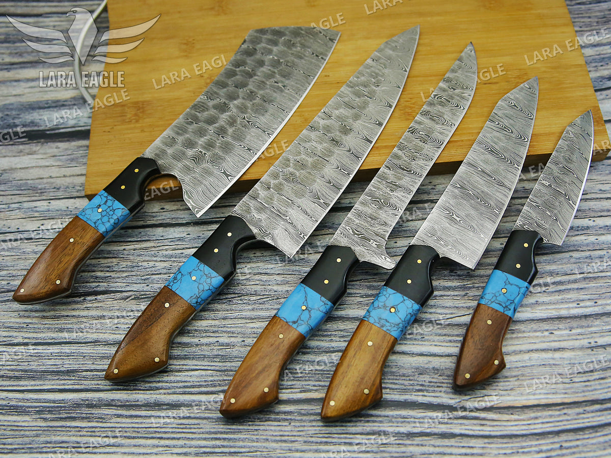 Handmade Chef Knife Set 5pcs Damascus Steel Kitchen Knife Set Turquoise & Rose Wood Handle Best Gift for Anniversary Gift For Birthday