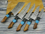 Handmade Chef Knife Set 5pcs Damascus Steel Kitchen Knife Set Turquoise & Rose Wood Handle Best Gift for Anniversary Gift For Birthday