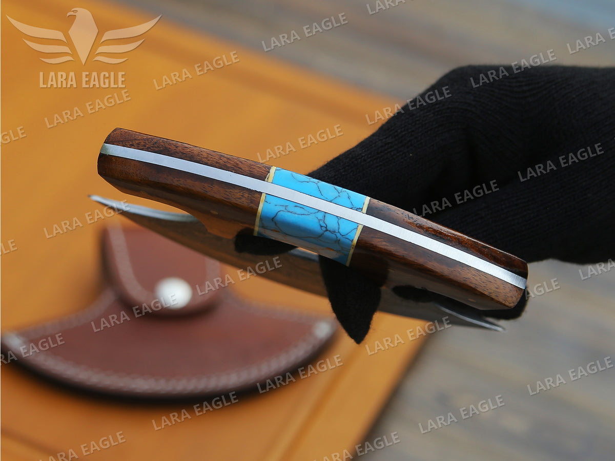 Handcrafted Damascus Steel Ulu Knife: Turquoise & Rosewood Handle Pizza Cutter Turquoise Anniversary Gift