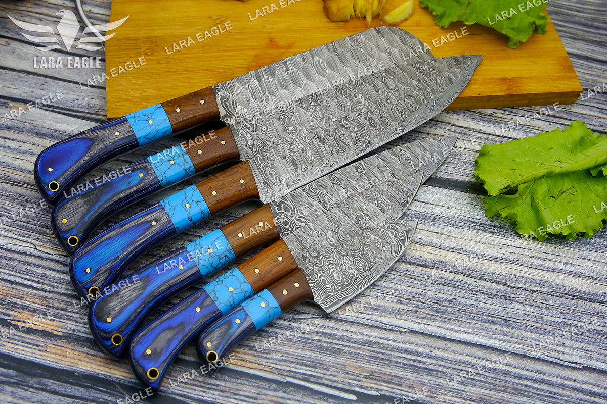 Elegant Damascus Steel Chef Knife Set with Turquoise Gemstone, Rosewood & Pakka Wood Handles, Professional Chef Knife Set, Anniversary Gift