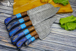 Elegant Damascus Steel Chef Knife Set with Turquoise Gemstone, Rosewood & Pakka Wood Handles, Professional Chef Knife Set, Anniversary Gift