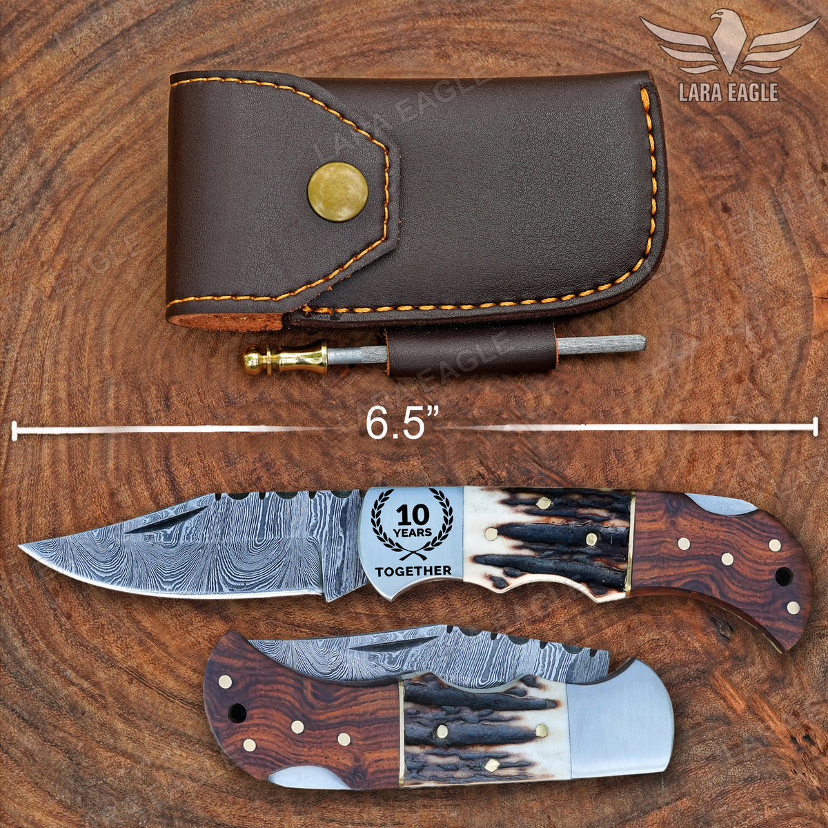Personalized Handmade Damascus Steel Pocket Knife, Stag Horn and Rose Wood Handle