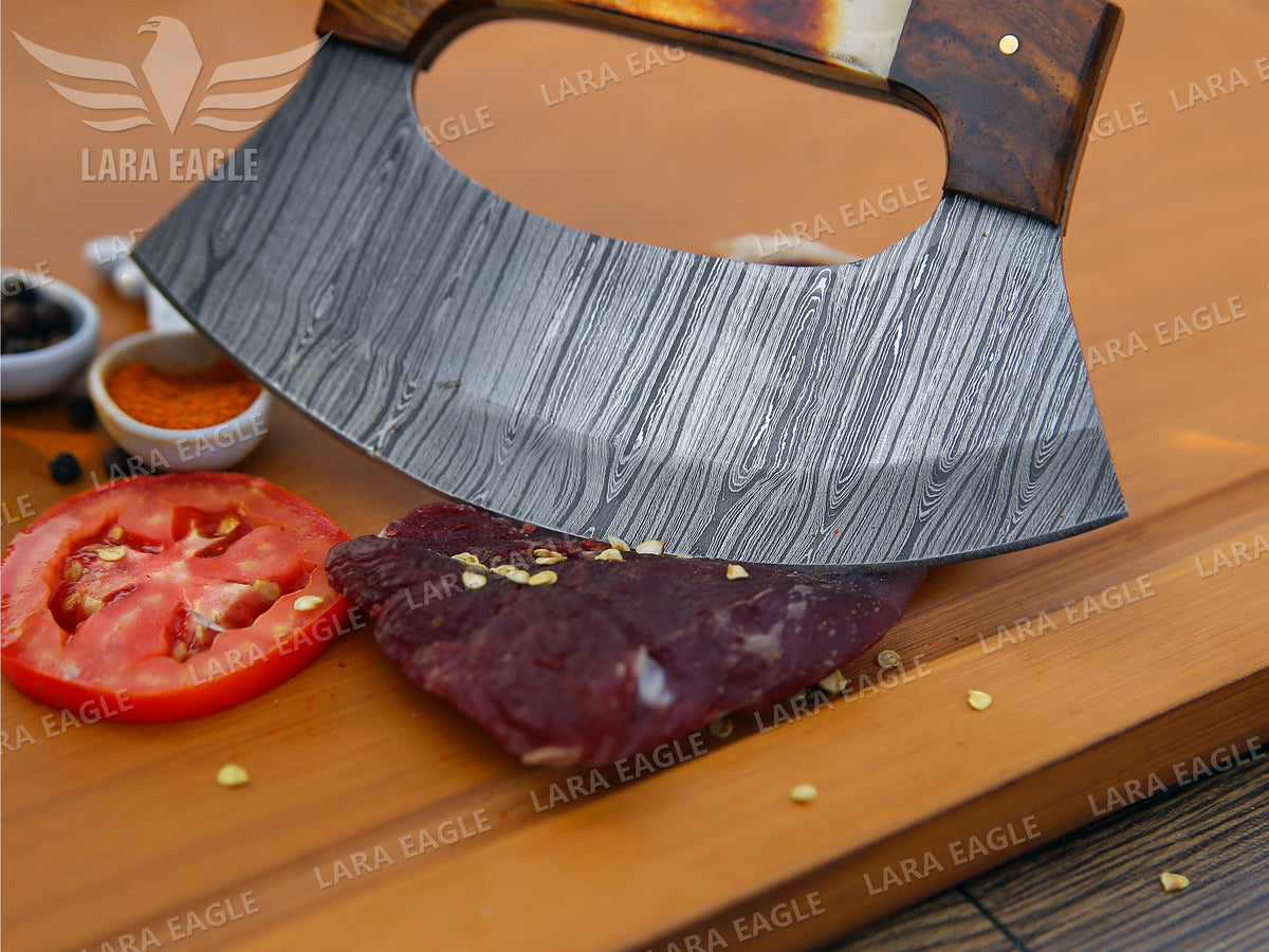 Handmade Damascus Steel Chef Ulu Knife Celtic Knot Handle Camel Bone & Rose Wood Handle Pizza Cutter Kitchen Ulu Knife Anniversary Gift