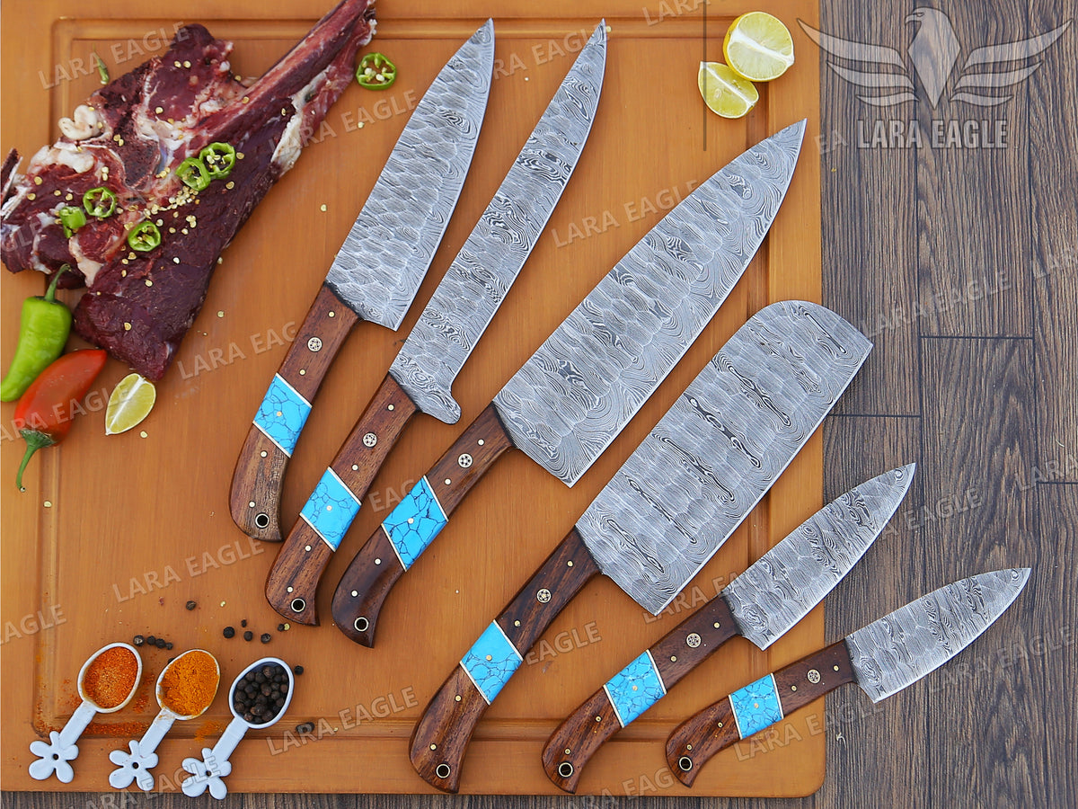 Handmade Damascus Chef Knife Set: Turquoise & Rose Wood Handle Birthday Gift Anniversary Gift