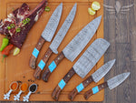 Handmade Damascus Chef Knife Set: Turquoise & Rose Wood Handle Birthday Gift Anniversary Gift