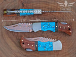 Copper Damascus Steel Handmade Folding Knife, Pocket Knife, Turquoise Gemstone & Wood Handle