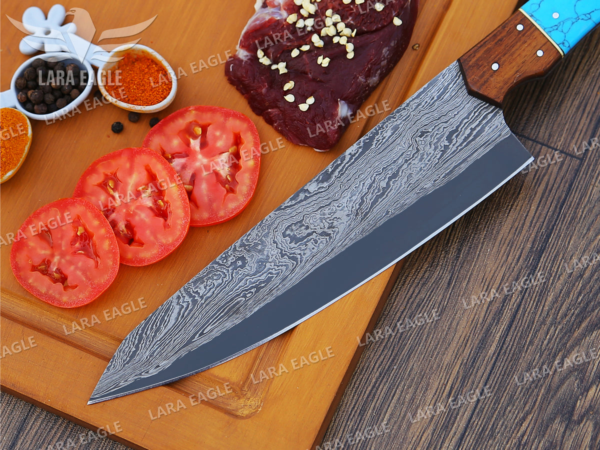 Handcrafted San Mai Damascus Chef Knife Set 5-Piece with Turquoise & Rose Wood Handles Leather Sheath Gift for Anniversary