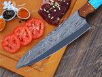 Handcrafted San Mai Damascus Chef Knife Set 5-Piece with Turquoise & Rose Wood Handles Leather Sheath Gift for Anniversary
