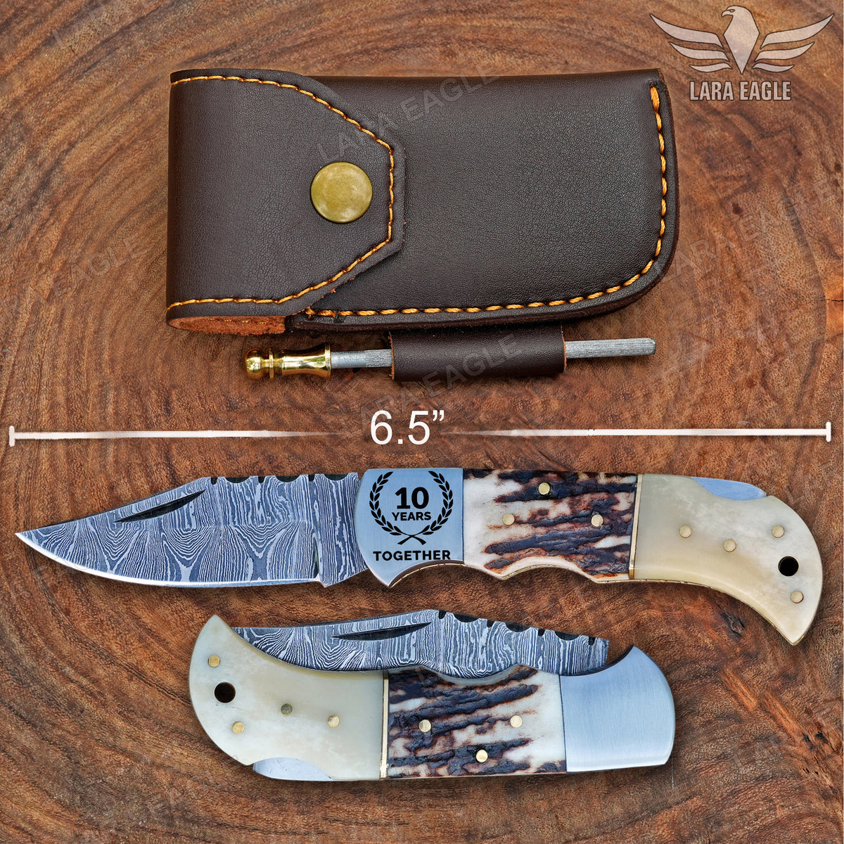 Handmade Damascus Steel Pocket Folding Knife, Stag Horn and Camel Bone Handle