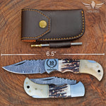 Handmade Damascus Steel Pocket Folding Knife, Stag Horn and Camel Bone Handle