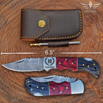 Personalized Handmade Damascus Steel Pocket Knife, Folding Knife With Pakka Wood Handle