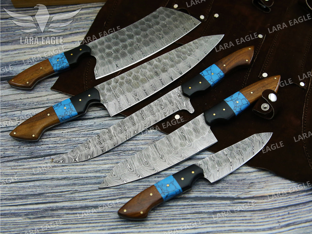 Handmade Chef Knife Set 5pcs Damascus Steel Kitchen Knife Set Turquoise & Rose Wood Handle Best Gift for Anniversary Gift For Birthday
