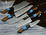 Handmade Chef Knife Set 5pcs Damascus Steel Kitchen Knife Set Turquoise & Rose Wood Handle Best Gift for Anniversary Gift For Birthday