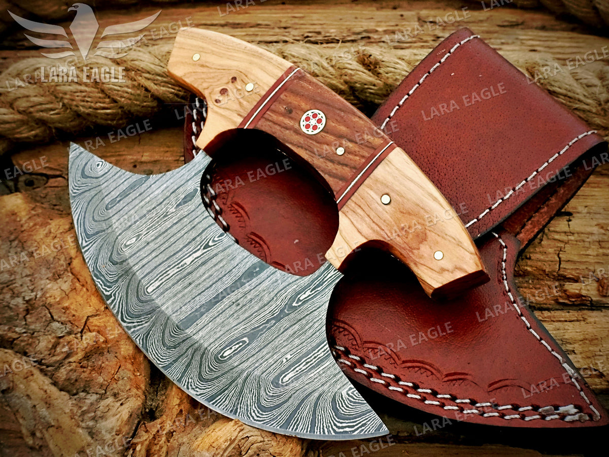 Damascus Ulu Knife: Handmade Celtic Knot Rosewood Handle, Handmade Pizza Cutter Birthday Gift Anniversary Gift