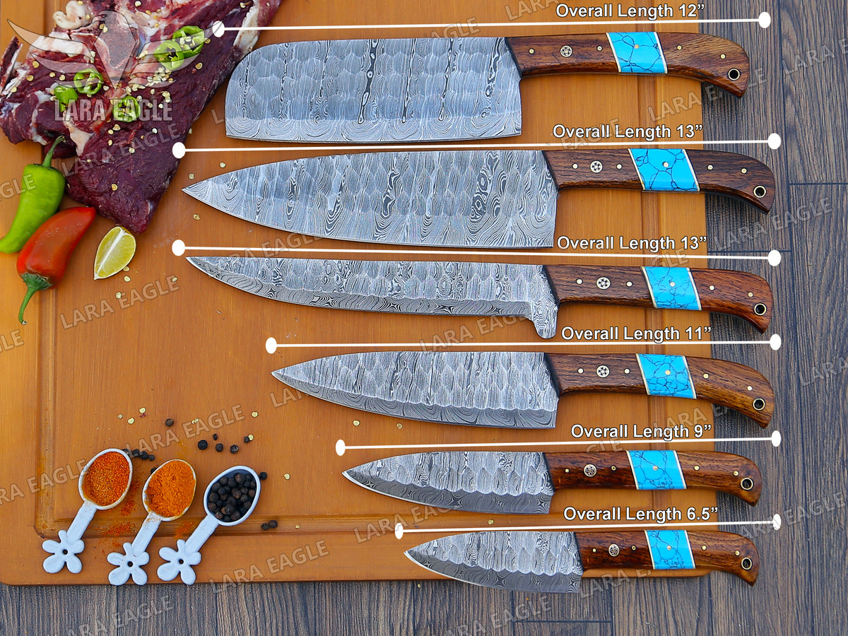 Handmade Damascus Chef Knife Set: Turquoise & Rose Wood Handle Birthday Gift Anniversary Gift
