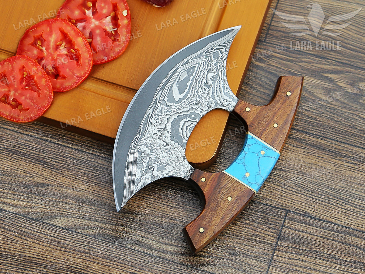 Handcrafted Damascus Steel Ulu Knife: Turquoise & Rosewood Handle Pizza Cutter Turquoise Anniversary Gift