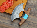 Handcrafted Damascus Steel Ulu Knife: Turquoise & Rosewood Handle Pizza Cutter Turquoise Anniversary Gift