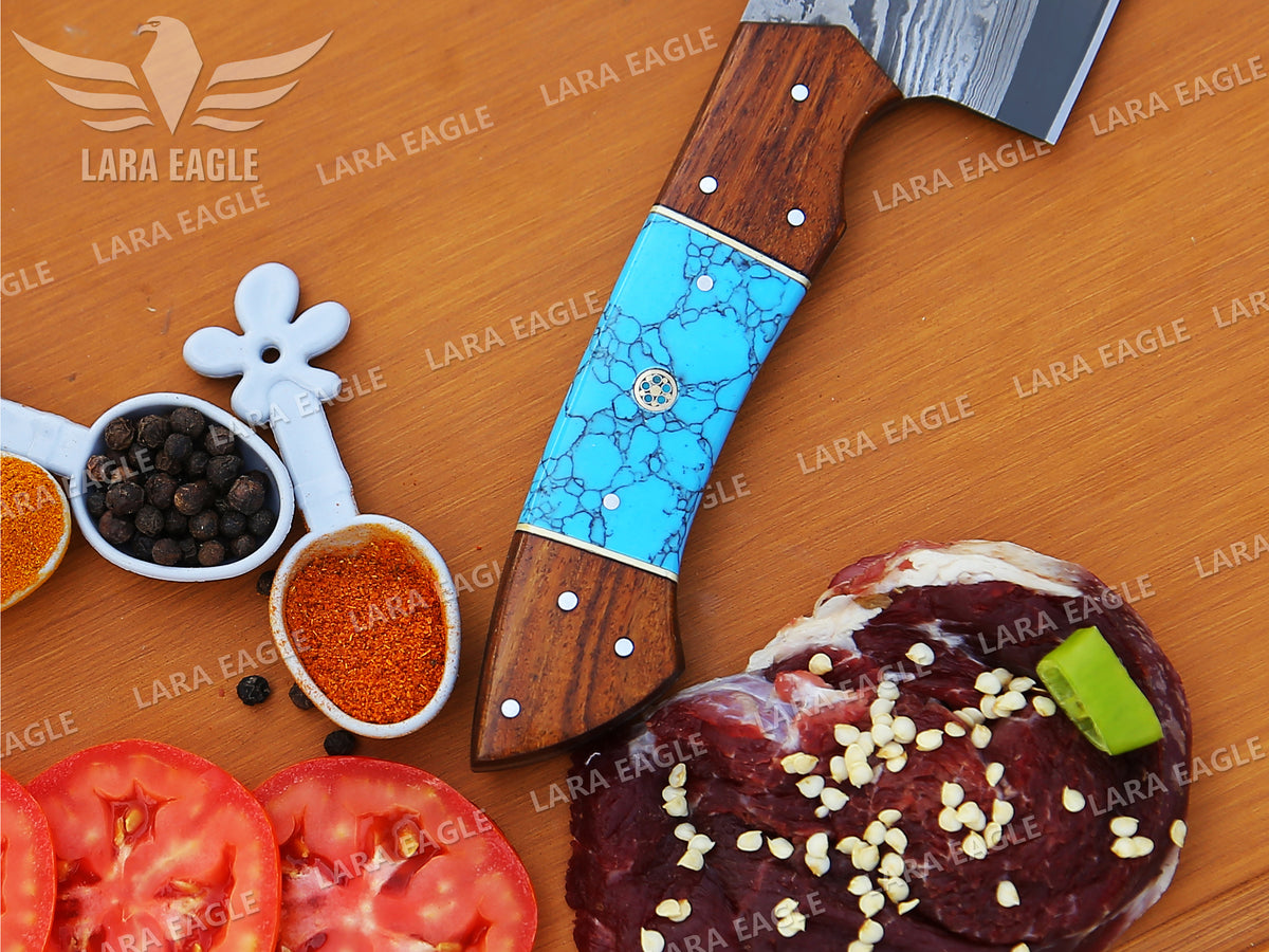 Handcrafted San Mai Damascus Chef Knife Set 5-Piece with Turquoise & Rose Wood Handles Leather Sheath Gift for Anniversary