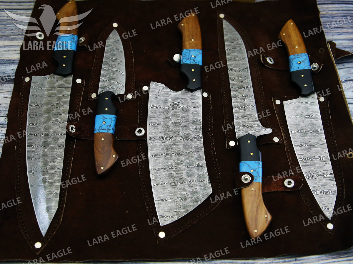 Handmade Chef Knife Set 5pcs Damascus Steel Kitchen Knife Set Turquoise & Rose Wood Handle Best Gift for Anniversary Gift For Birthday