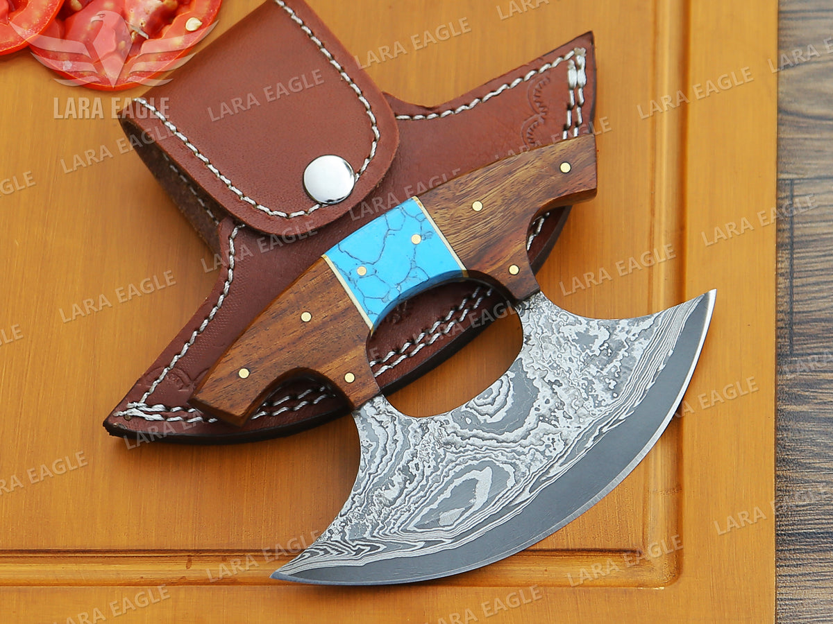 Handcrafted Damascus Steel Ulu Knife: Turquoise & Rosewood Handle Pizza Cutter Turquoise Anniversary Gift