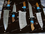 Handmade Chef Knife Set 5pcs Damascus Steel Kitchen Knife Set Turquoise & Rose Wood Handle Best Gift for Anniversary Gift For Birthday
