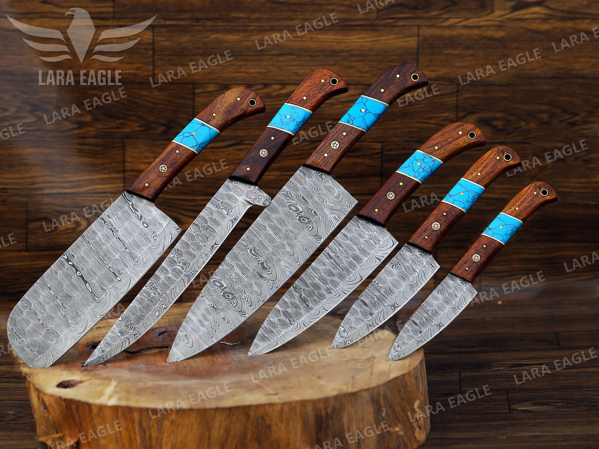 Handmade Damascus Chef Knife Set: Turquoise & Rose Wood Handle Birthday Gift Anniversary Gift