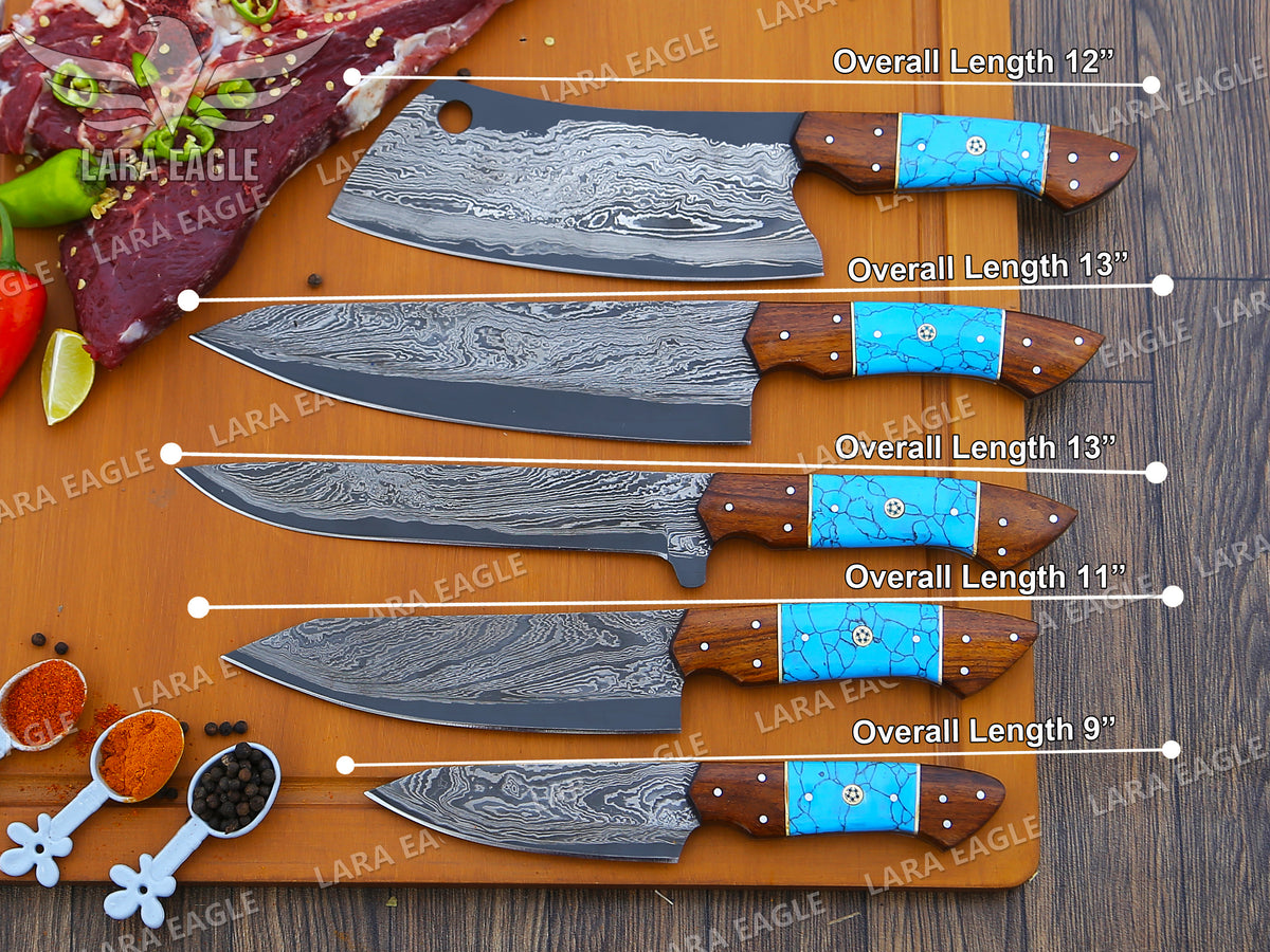 Handcrafted San Mai Damascus Chef Knife Set 5-Piece with Turquoise & Rose Wood Handles Leather Sheath Gift for Anniversary