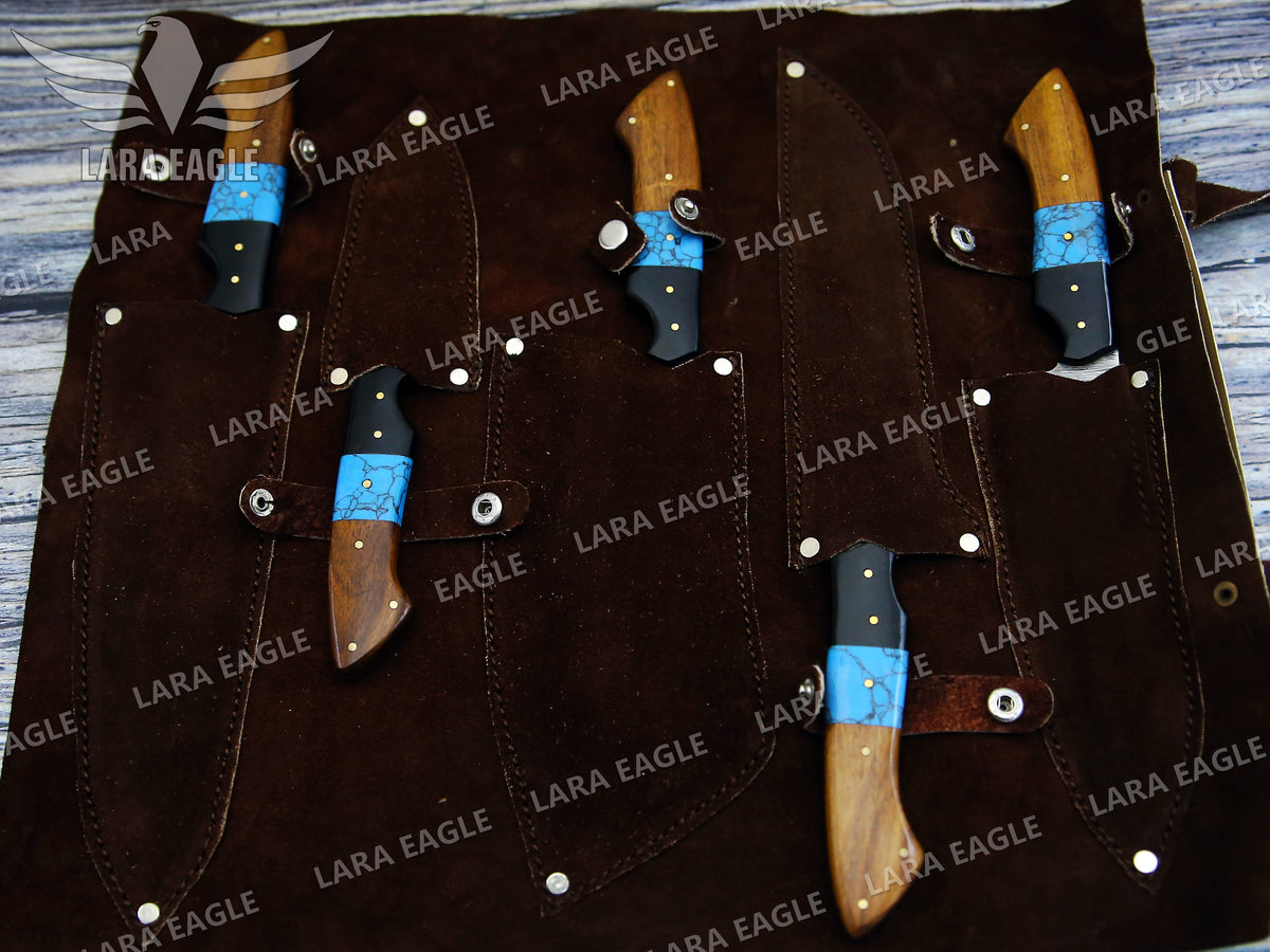Handmade Chef Knife Set 5pcs Damascus Steel Kitchen Knife Set Turquoise & Rose Wood Handle Best Gift for Anniversary Gift For Birthday