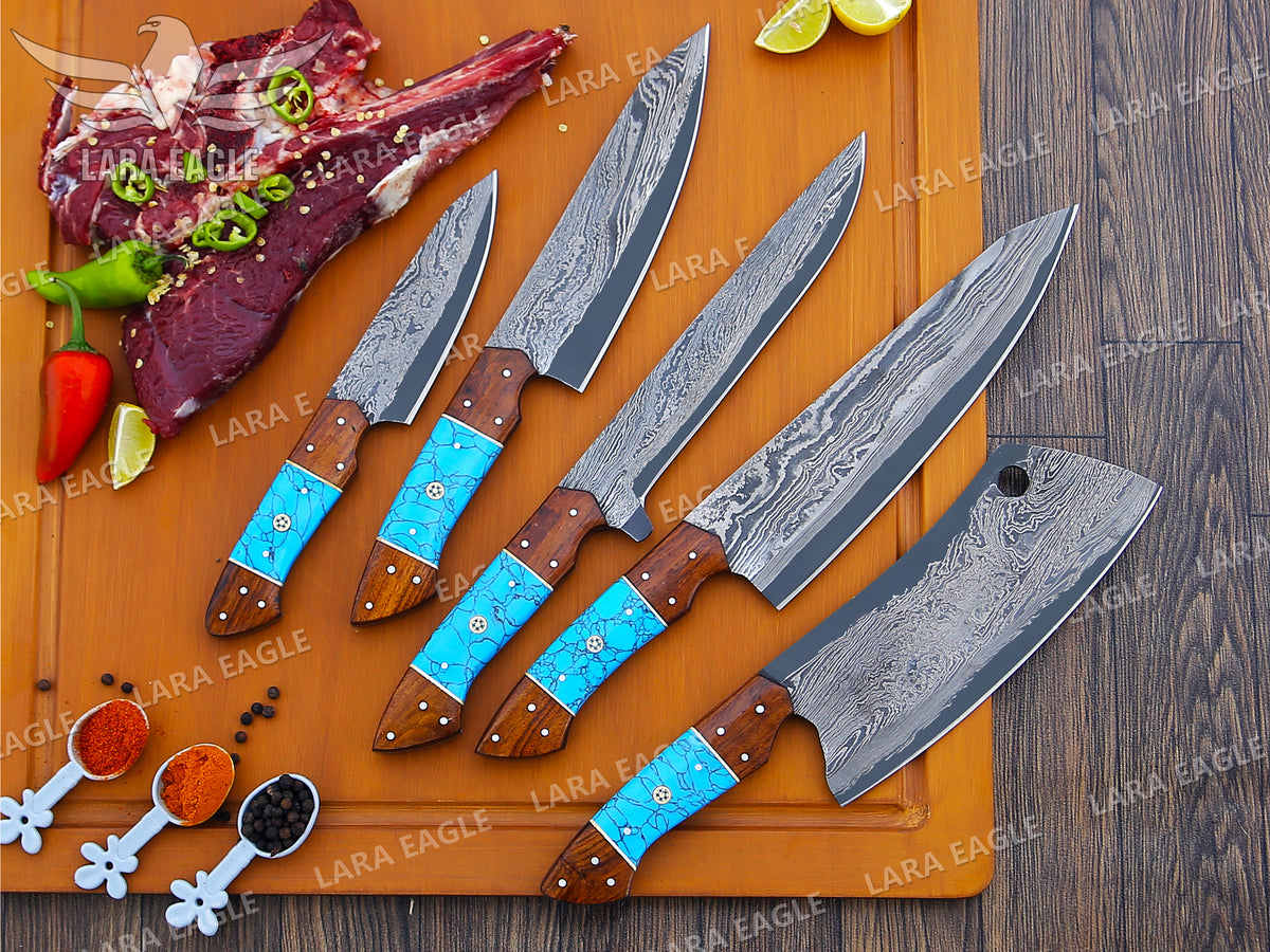 Handcrafted San Mai Damascus Chef Knife Set 5-Piece with Turquoise & Rose Wood Handles Leather Sheath Gift for Anniversary