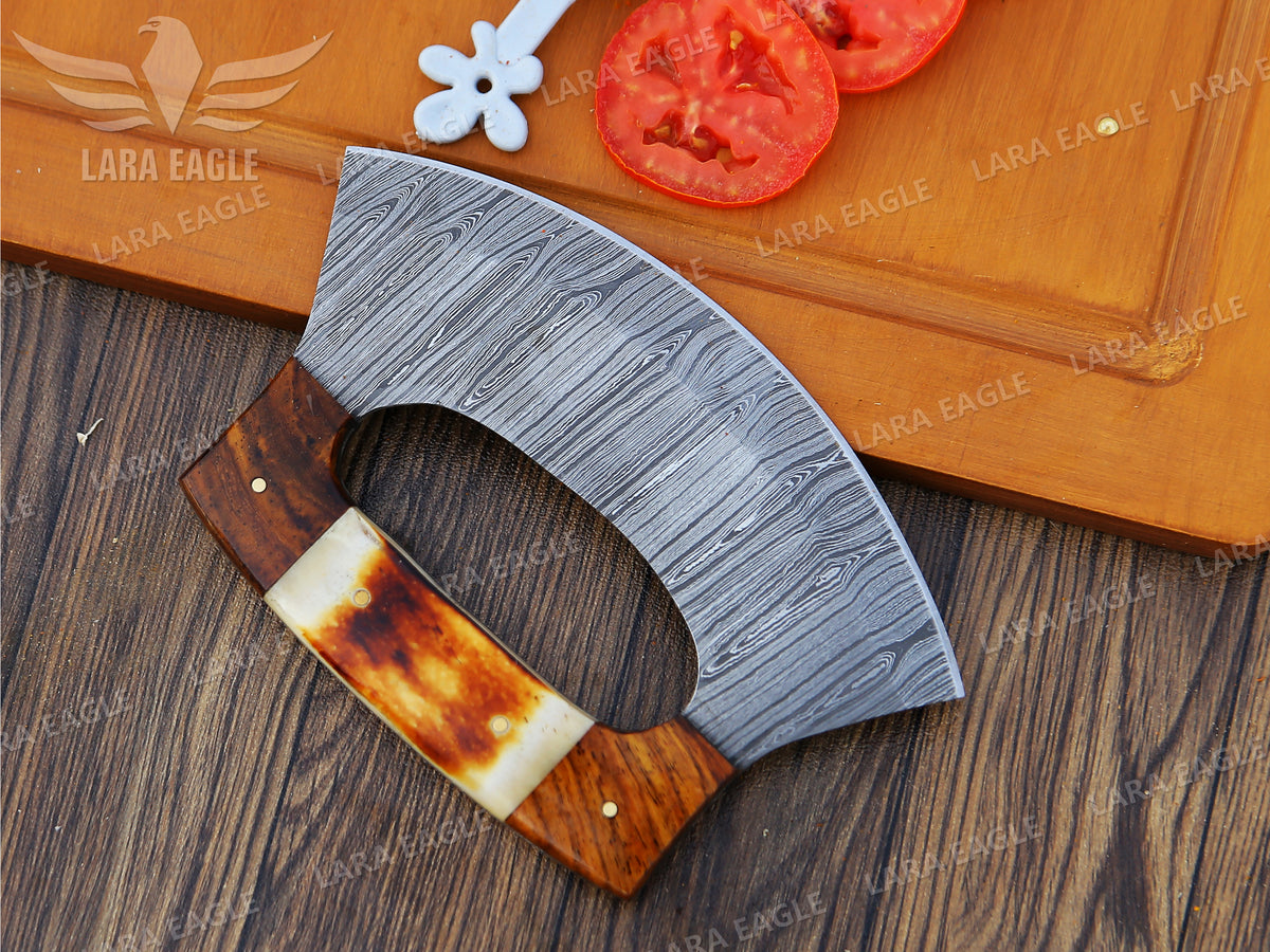 Handmade Damascus Steel Chef Ulu Knife Celtic Knot Handle Camel Bone & Rose Wood Handle Pizza Cutter Kitchen Ulu Knife Anniversary Gift