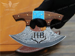 Handcrafted Damascus Steel Ulu Knife: Turquoise & Rosewood Handle Pizza Cutter Turquoise Anniversary Gift