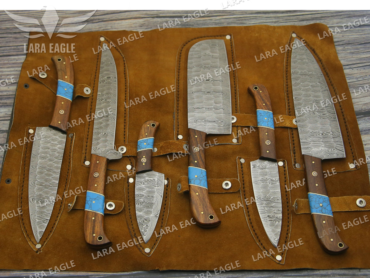 Handmade Damascus Chef Knife Set: Turquoise & Rose Wood Handle Birthday Gift Anniversary Gift