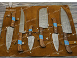 Handmade Damascus Chef Knife Set: Turquoise & Rose Wood Handle Birthday Gift Anniversary Gift