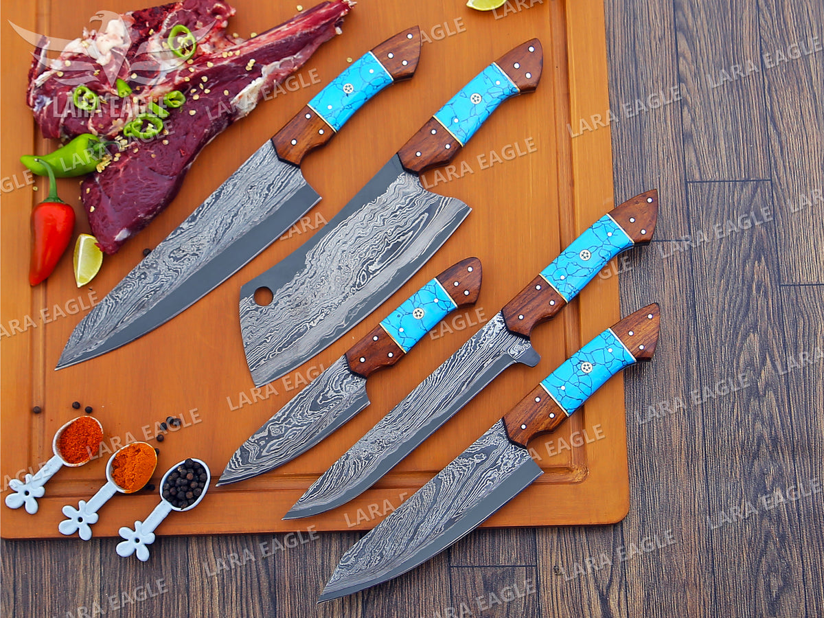Handcrafted San Mai Damascus Chef Knife Set 5-Piece with Turquoise & Rose Wood Handles Leather Sheath Gift for Anniversary