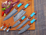 Handcrafted San Mai Damascus Chef Knife Set 5-Piece with Turquoise & Rose Wood Handles Leather Sheath Gift for Anniversary