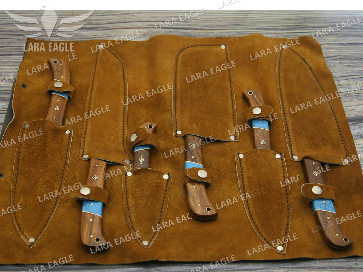 Handmade Damascus Chef Knife Set: Turquoise & Rose Wood Handle Birthday Gift Anniversary Gift
