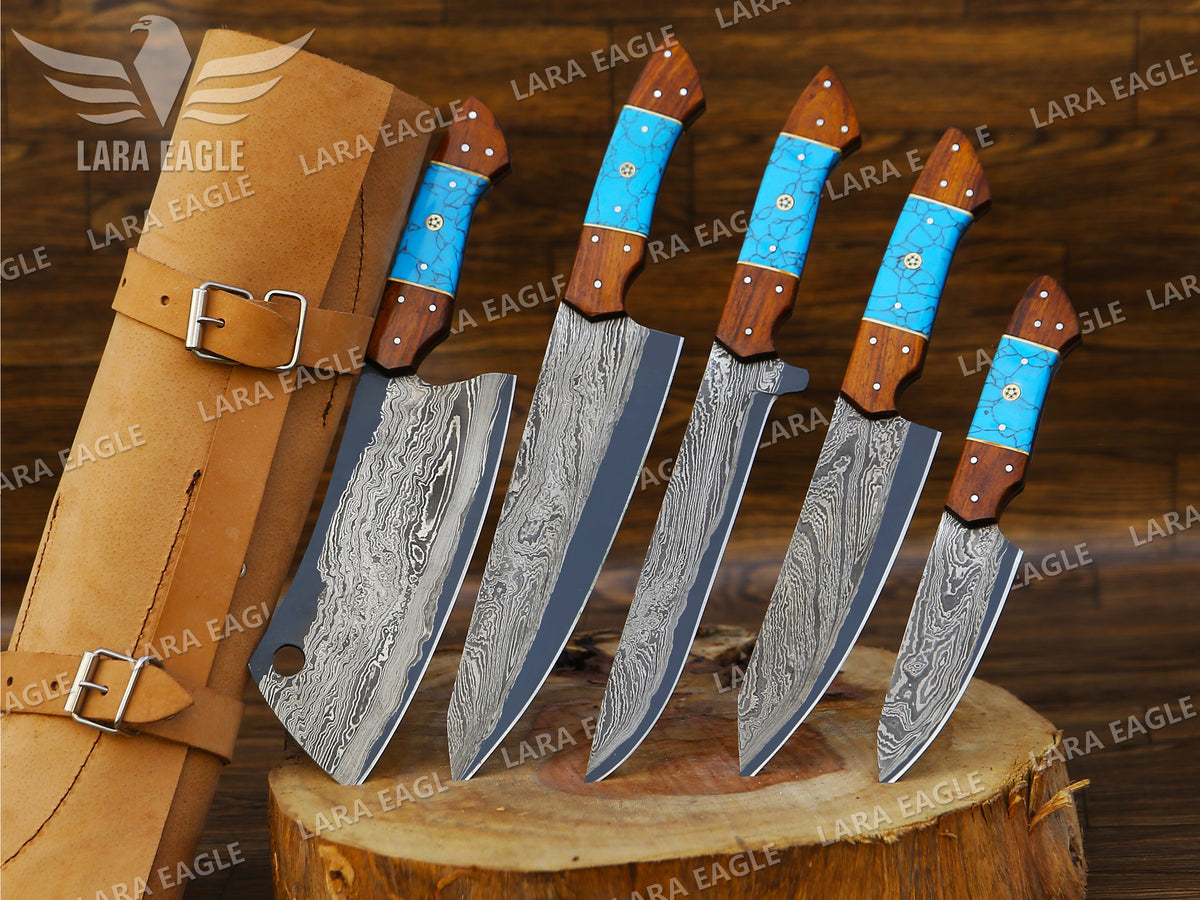 Handcrafted San Mai Damascus Chef Knife Set 5-Piece with Turquoise & Rose Wood Handles Leather Sheath Gift for Anniversary