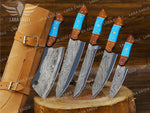 Handcrafted San Mai Damascus Chef Knife Set 5-Piece with Turquoise & Rose Wood Handles Leather Sheath Gift for Anniversary