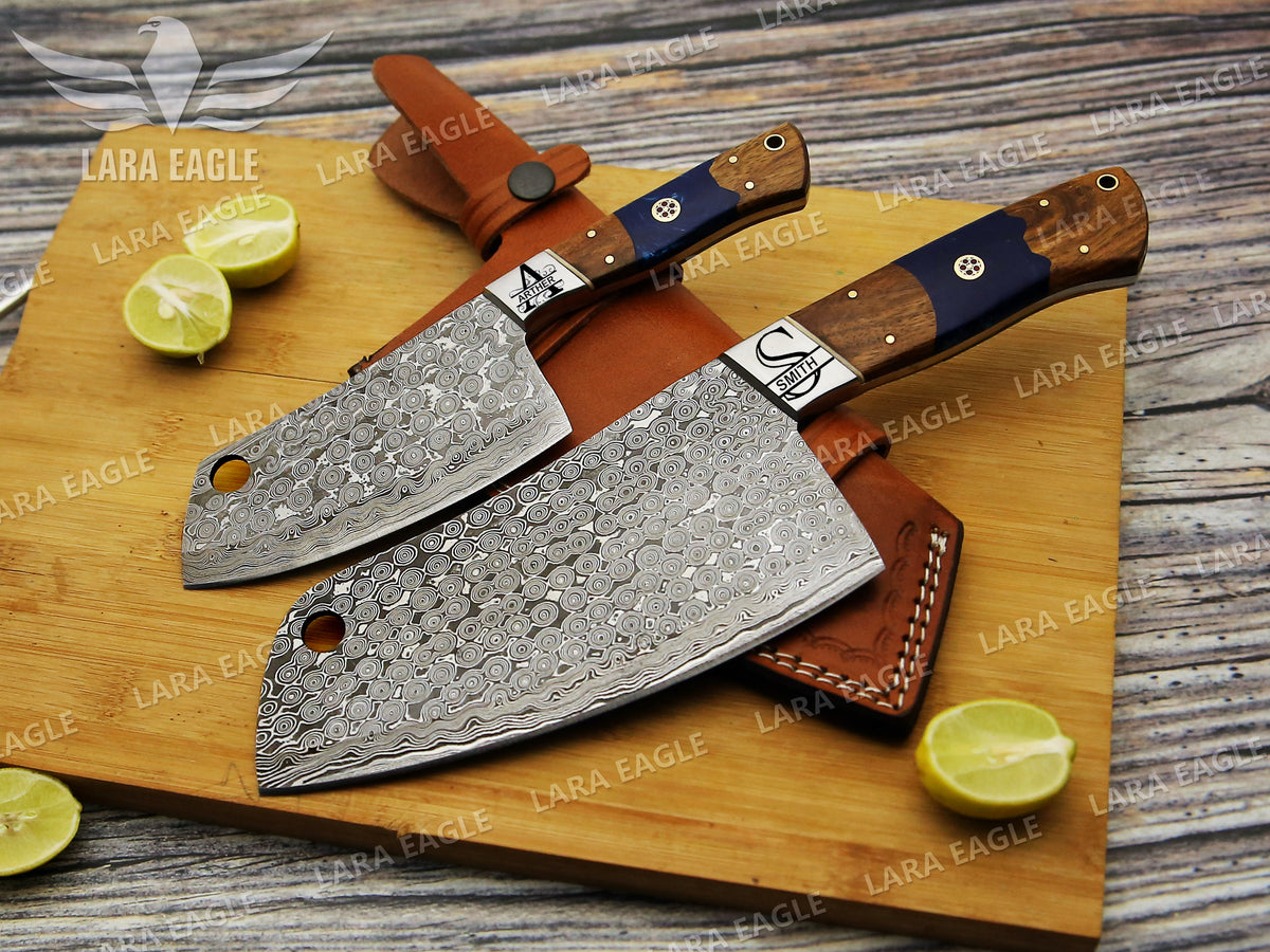 Handmade Damascus Steel Chef Cleaver Chopper Full Tang Kitchen Butcher Knife Stabilized Rose Wood & Epoxy Handle Anniversary Gift for Her