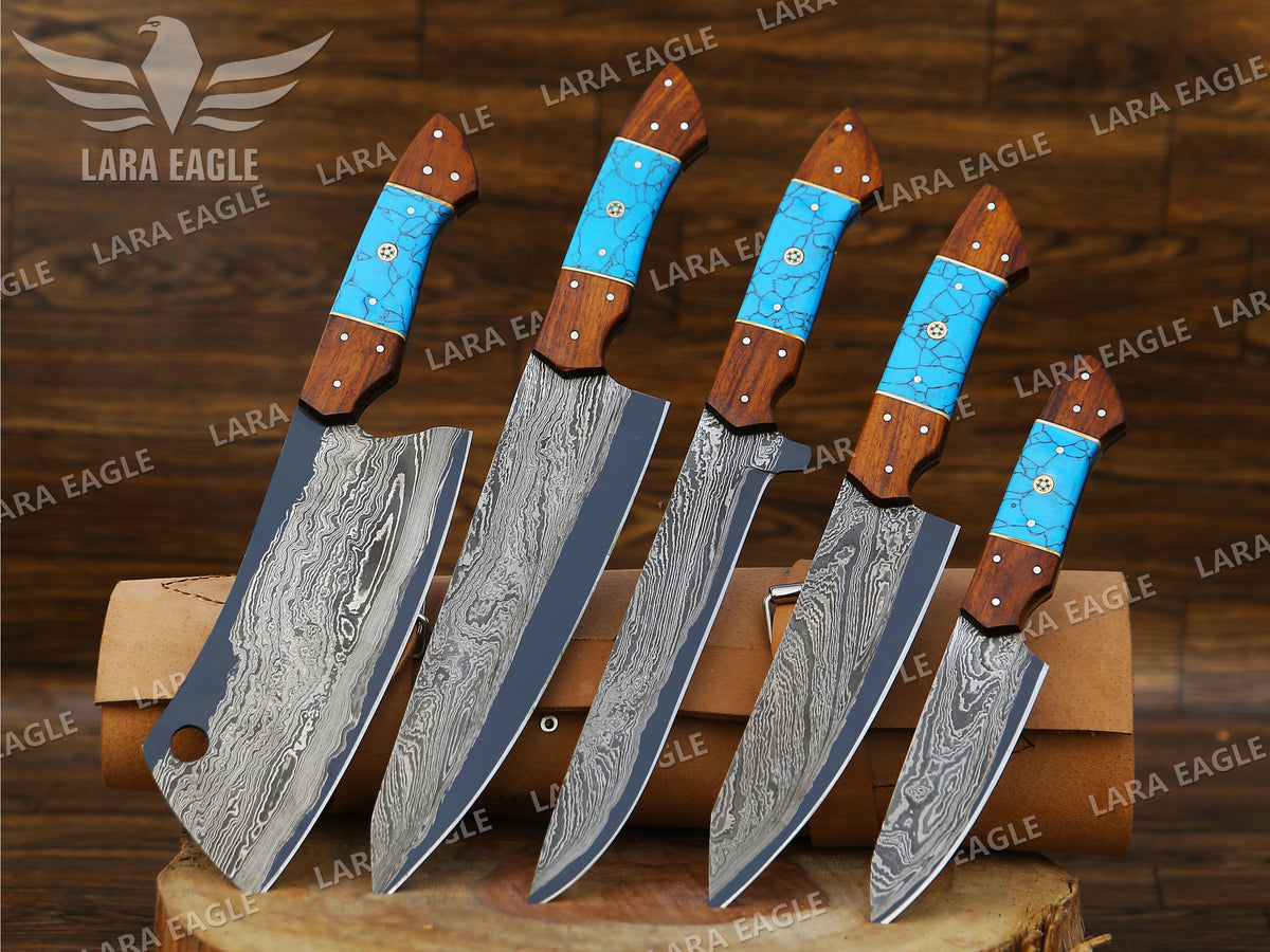 Handcrafted San Mai Damascus Chef Knife Set 5-Piece with Turquoise & Rose Wood Handles Leather Sheath Gift for Anniversary