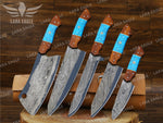 Handcrafted San Mai Damascus Chef Knife Set 5-Piece with Turquoise & Rose Wood Handles Leather Sheath Gift for Anniversary