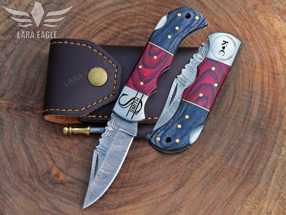 Personalized Handmade Damascus Steel Pocket Knife, Folding Knife With Pakka Wood Handle
