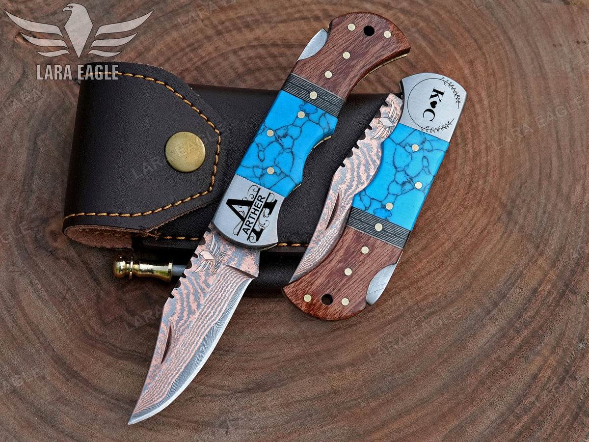 Copper Damascus Steel Handmade Folding Knife, Pocket Knife, Turquoise Gemstone & Wood Handle