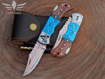 Copper Damascus Steel Handmade Folding Knife, Pocket Knife, Turquoise Gemstone & Wood Handle