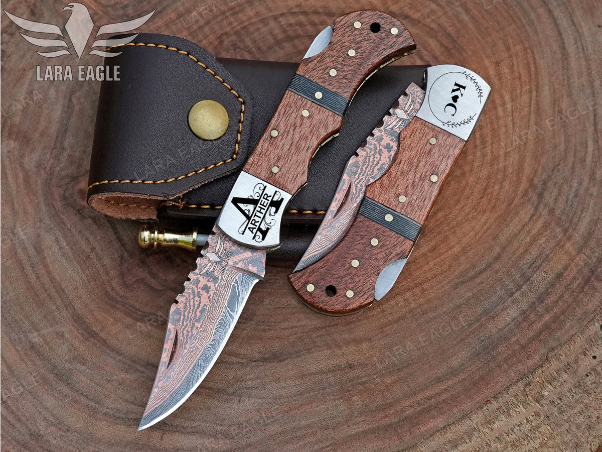 Personalized Copper Damascus Handmade Pocket Knife, Wooden Handle Folding Knife