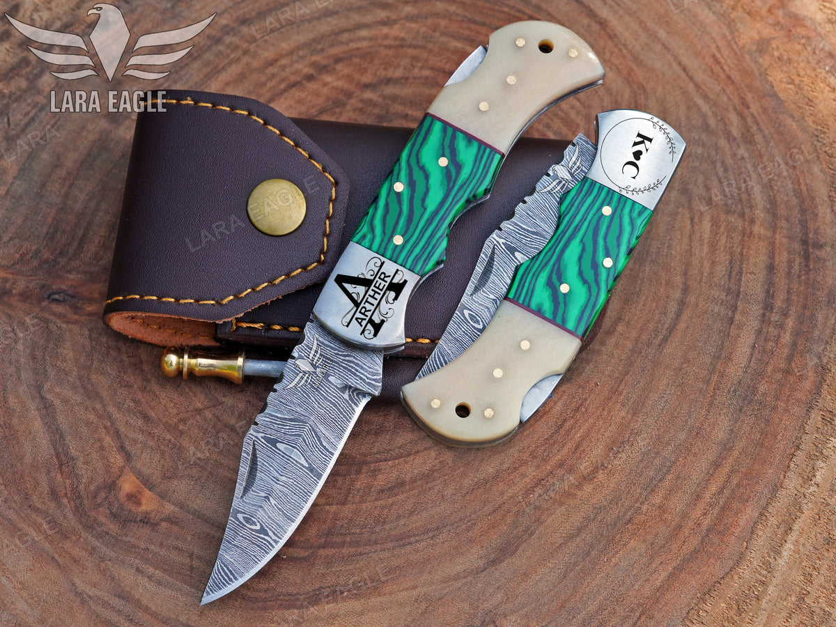 Handmade Damascus Steel Pocket Knife, Personalized Folding Knife, Malachite and Camel Bone Handle