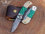 Handmade Damascus Steel Pocket Knife, Personalized Folding Knife, Malachite and Camel Bone Handle