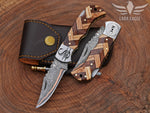 Hand Forged Copper Damascus Folding Knife - Olive Wood Handle Personalized Anniversary Gift Groomsman Gift Father's Day Gift